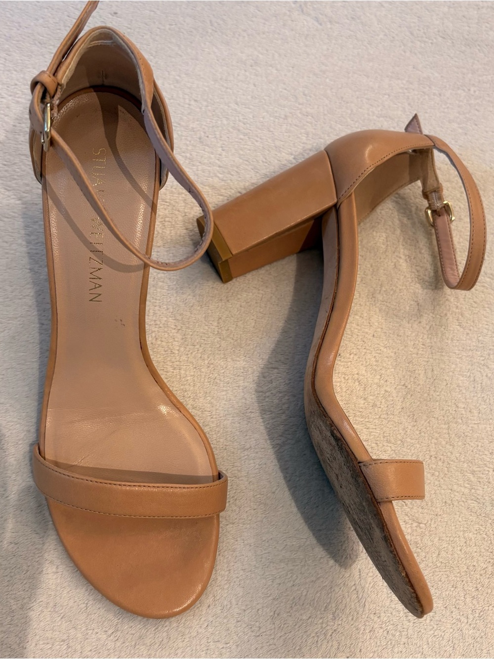 Stuart Weitzman Nudist Nearly Nude Tan Ankle-Strap Block Heel Sandals Sz 8.5